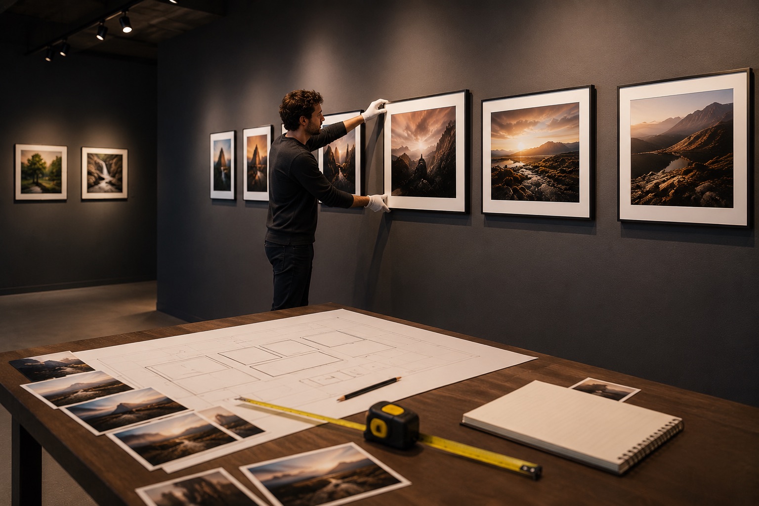 Ein Fotograf richtet gerahmte Landschaftsfotografien für eine Ausstellung aus