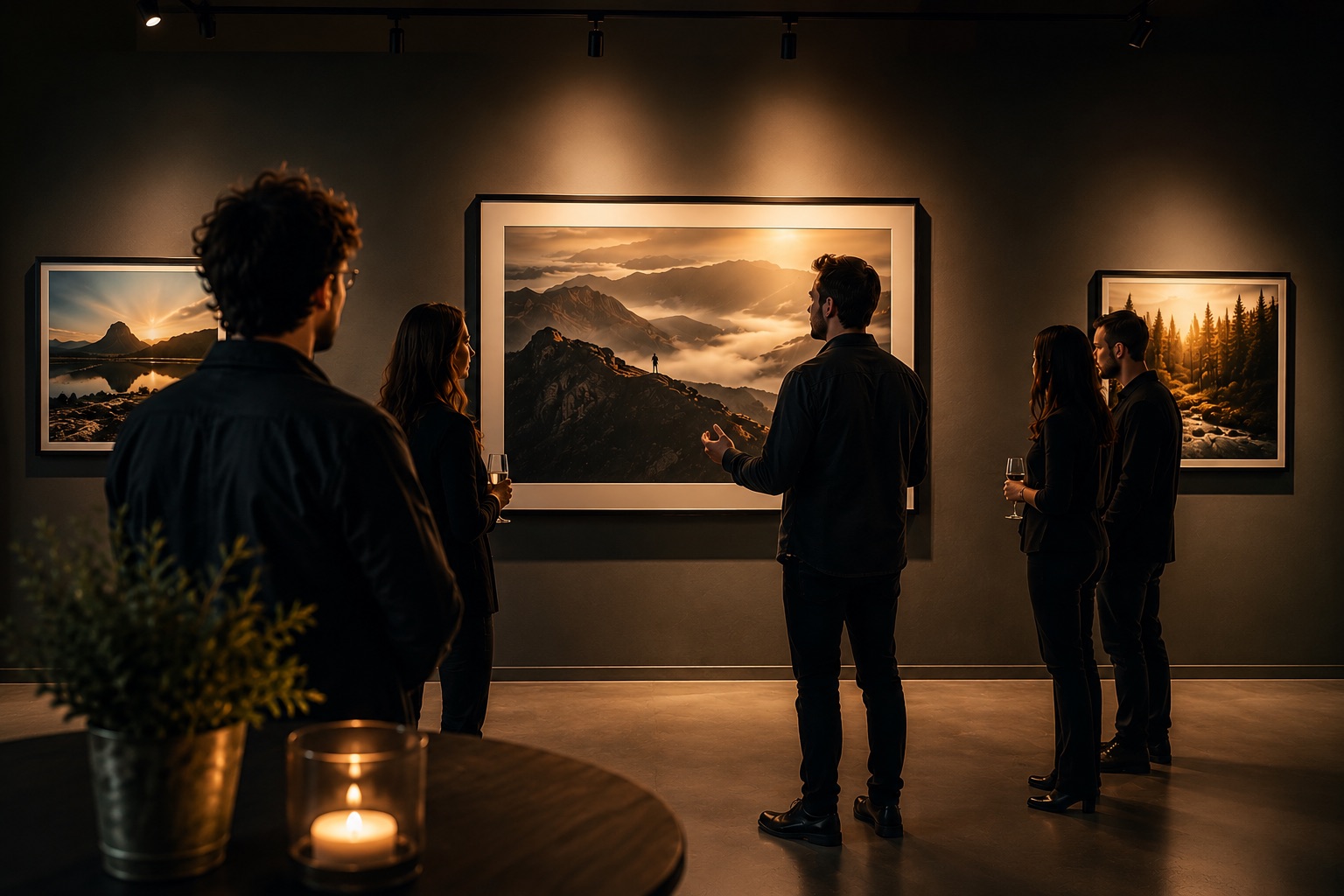 Besucher betrachten gemeinsam Fotografien in einer Ausstellung