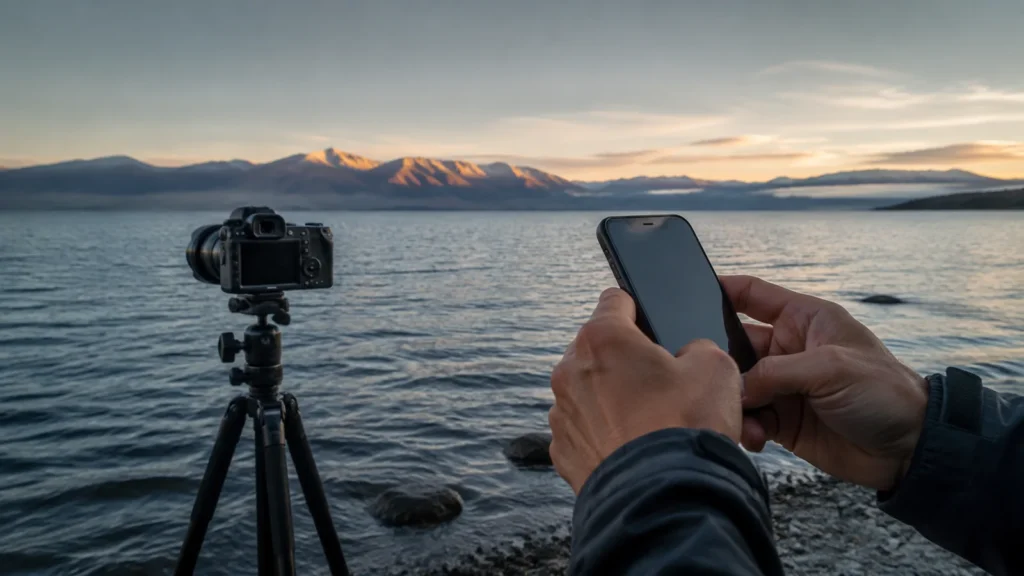 Smartphone und Kamera auf einem Stativ am See bei Morgenlicht