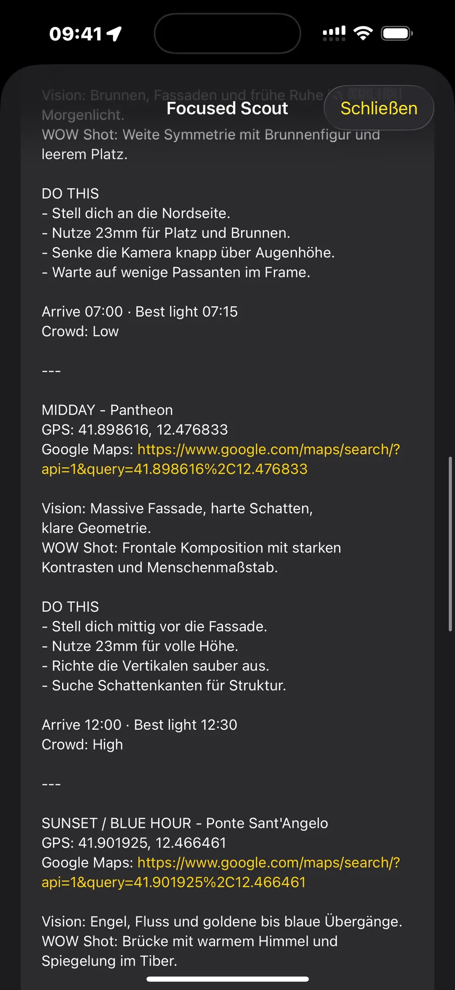 Focused Scout mit Aufnahmeideen, Zeitangaben und Perspektiven für Rom