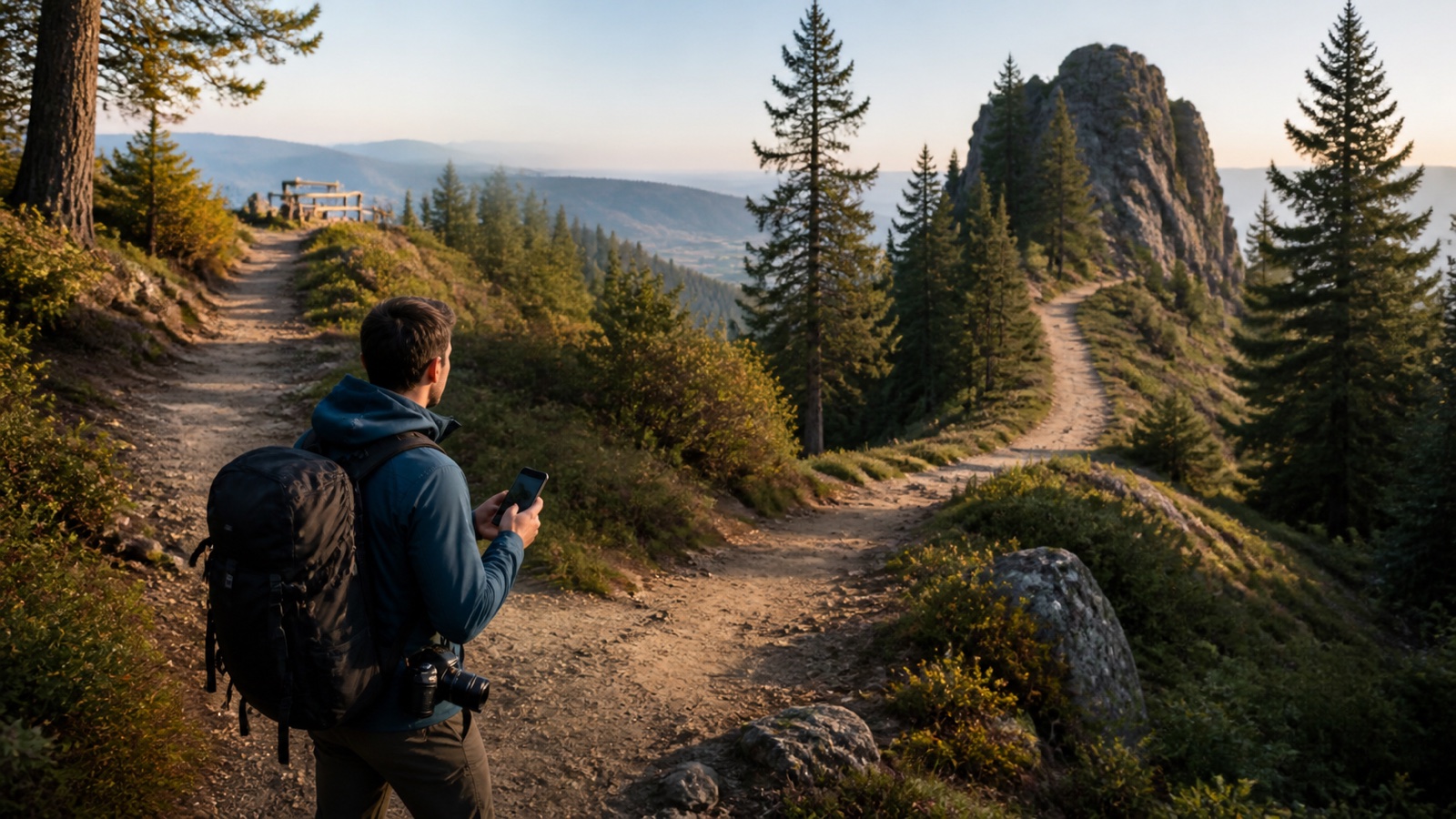 Fotograf zeichnet eine GPS-Fototour auf einem Bergweg auf