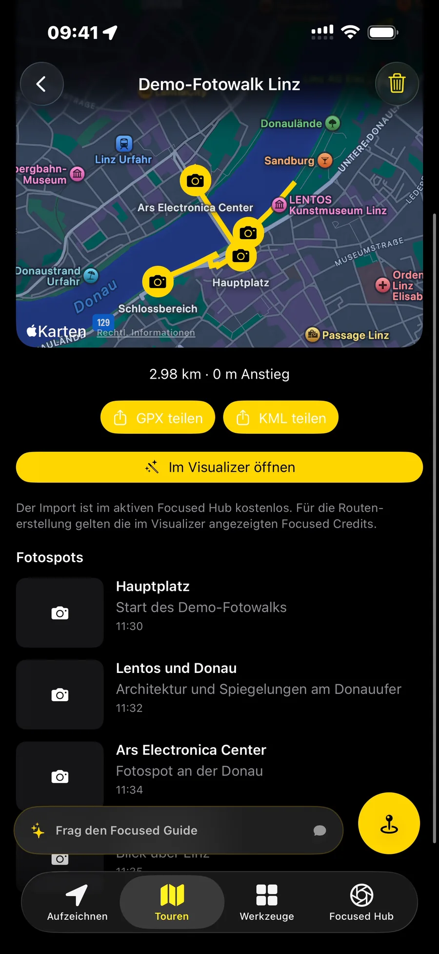 Demo-Fotowalk Linz mit Route, Fotospots sowie GPX- und KML-Export