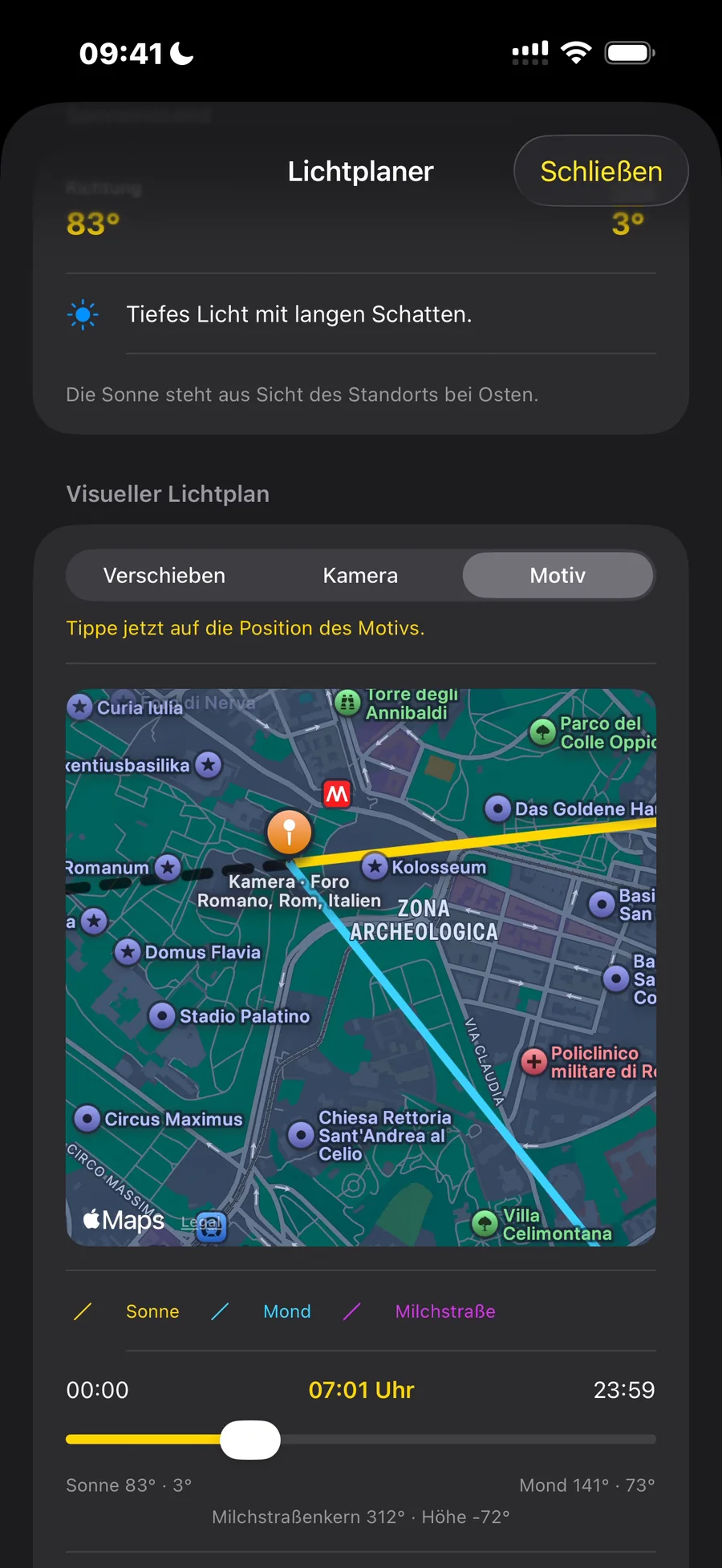Lichtplaner mit Sonnenrichtung und Kamerastandpunkt auf einer Karte von Rom